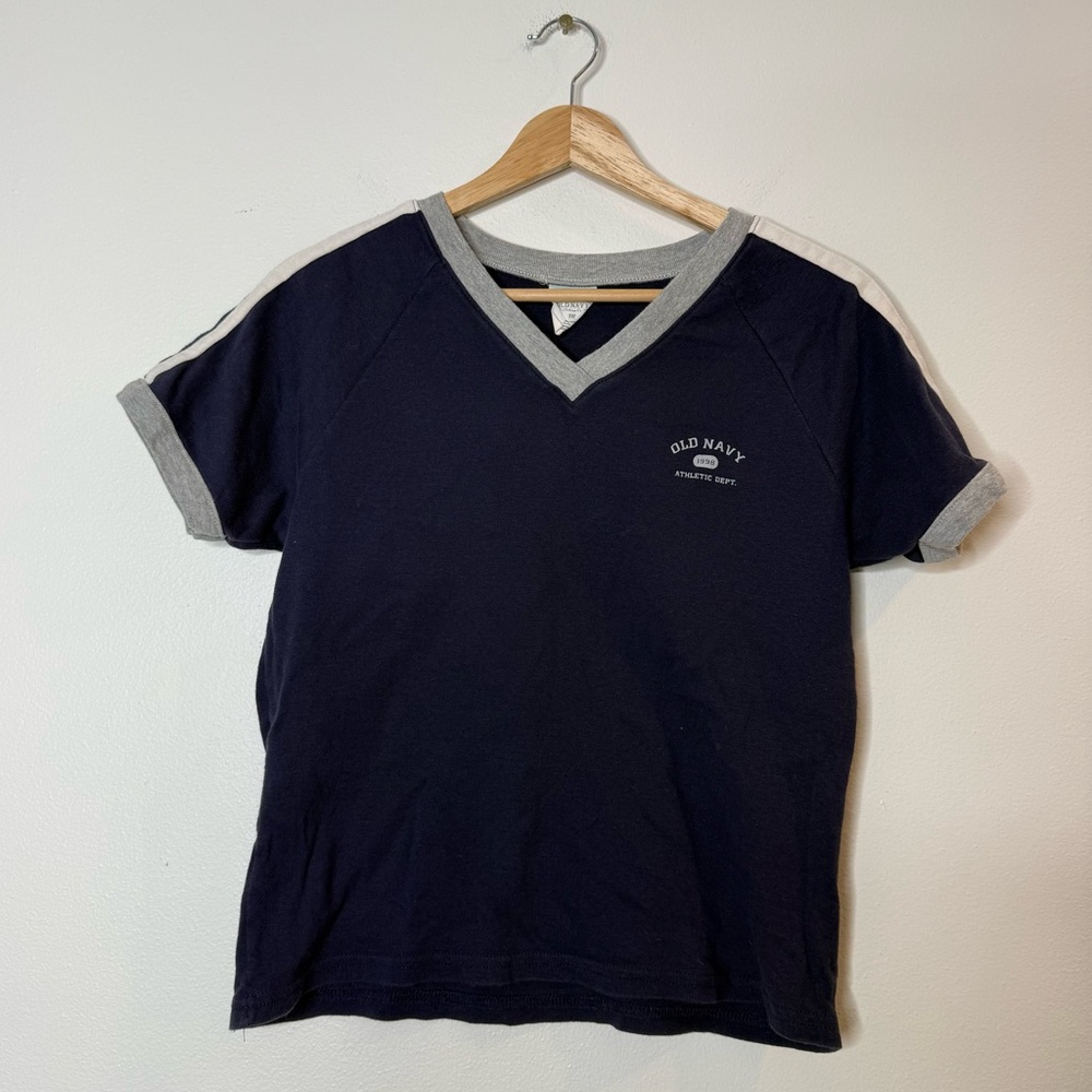 Old Navy Navy Blue and Gray Short Sleeve V-Neck Tee